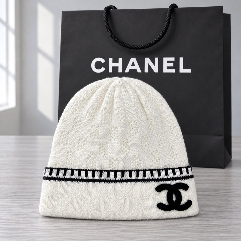 CHANEL White Striped Knit Beanie